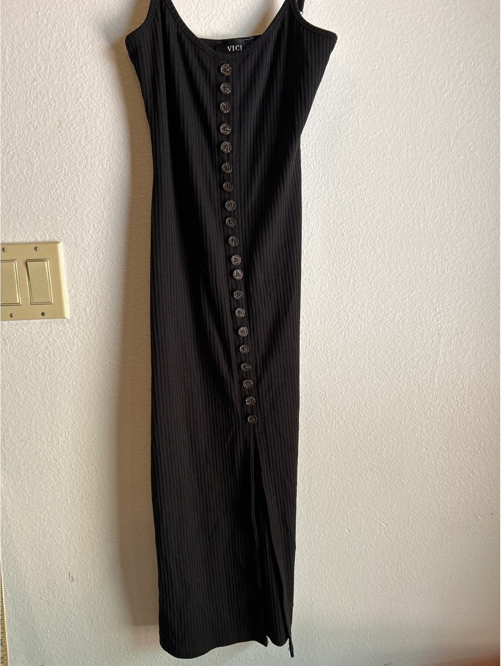 VICI Extra Small Black Ribbed Button Front Maxi Dress